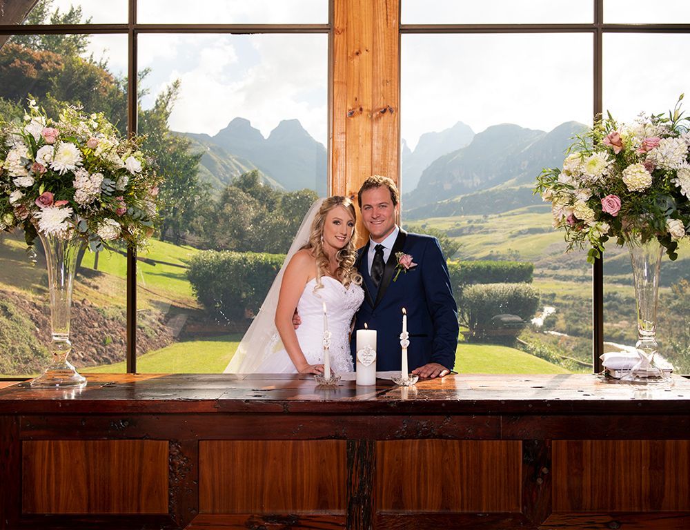 Bride and groom in the Cathedral Peak chapel