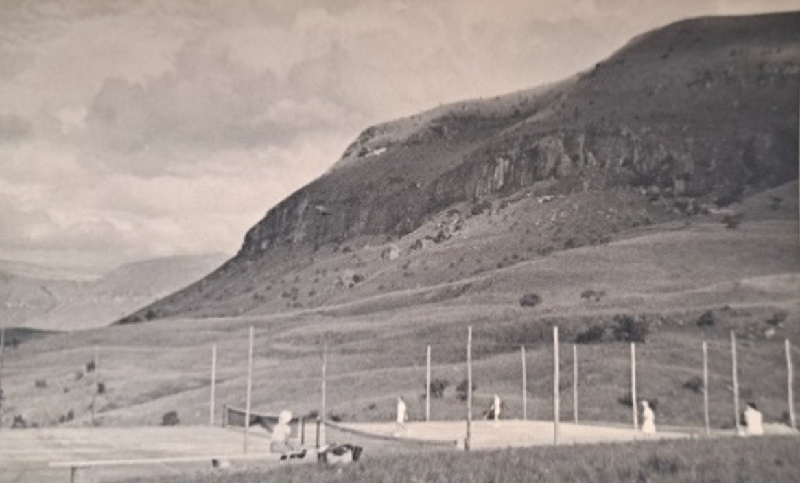 Historic picture of tennis courts at Cathedral Peak Hotel