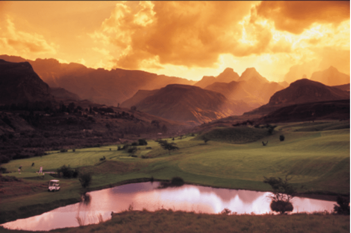 Sunset over Cathedral Peak Hotel golf course